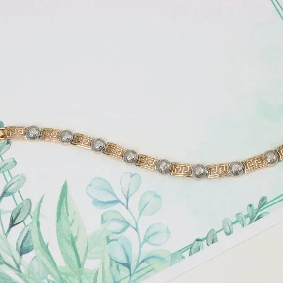 "Greek Key Rose Gold Bracelet with Silver Disc Accents, XPBL0792 - Picture 2 of 12